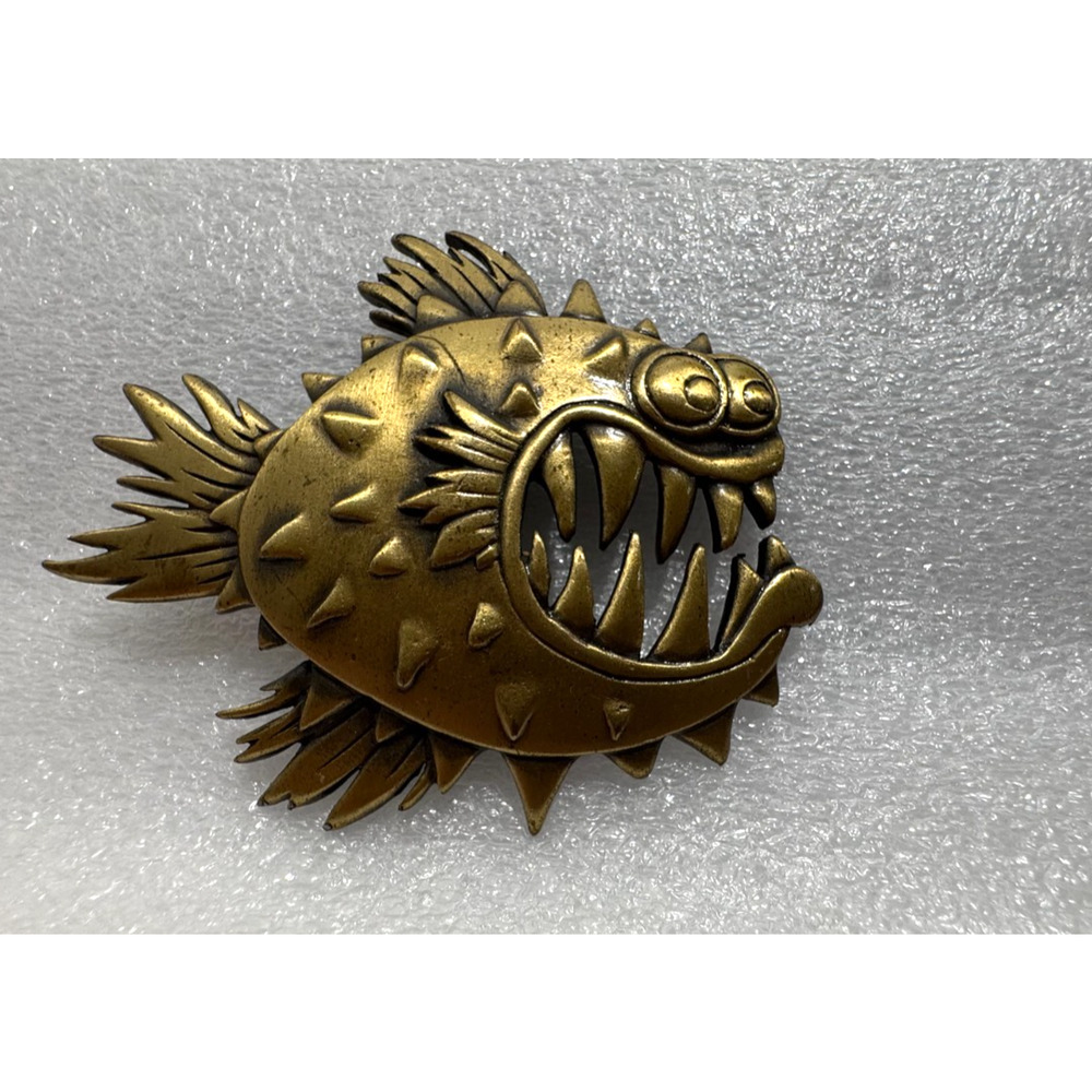 Vtg JJ Piranha Brooch Huge Figural Brushed Gold Tone 3" Funny